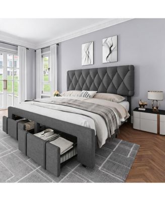 Spacious Storage and Durable Support - King Upholstered Platform Bed Frame - Sturdy Sturdy-colored Wooden Slats