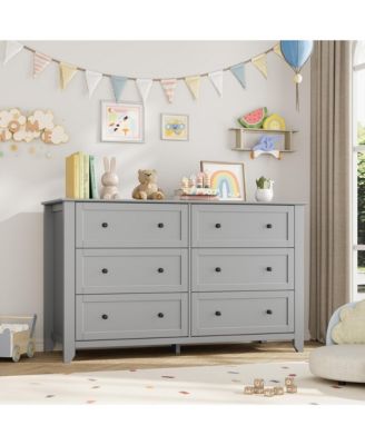 Modern 6-Drawer Wide Dresser Chest with Metal Knobs, Lacquered Finish, Deep Drawer Storage for Bedroom, Entryway or Hallway
