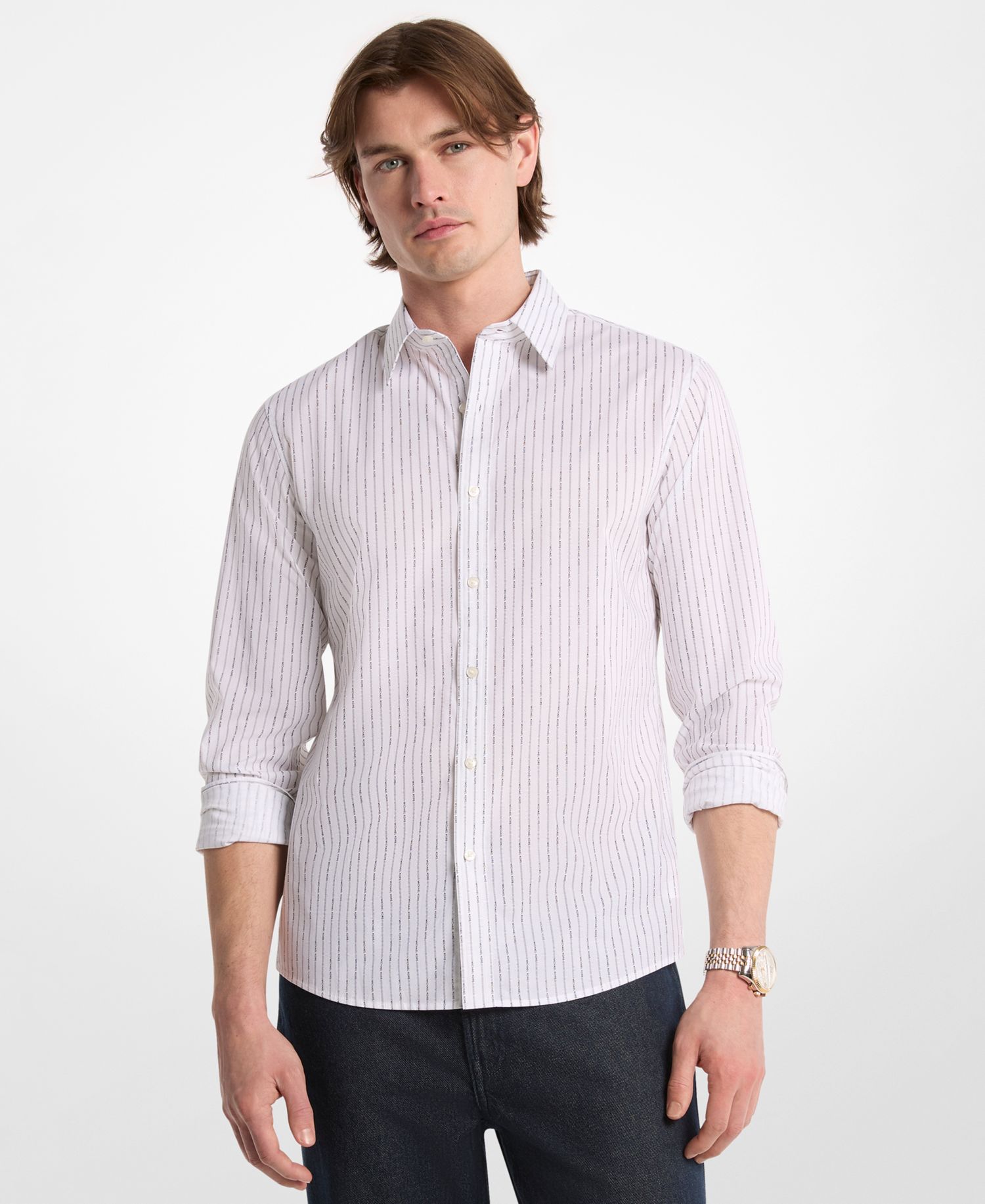 Men's Logo Lettering Pinstripe Long-Sleeve Shirt
