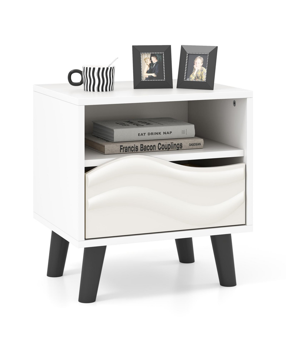 Modern Nightstand with Wavy 3D Front and Open Shelf for Bedroom-White