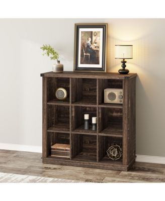 9-Cube Farmhouse Bookshelf, 3-Tier Wood Storage Organizer, Rustic Minimalist Floor Display Cabinet