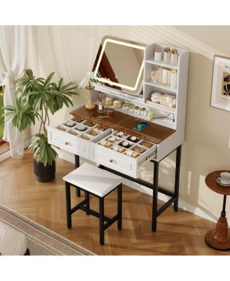 Makeup Vanity with LED Mirror, 2 Drawers, Power Outlet and Stool