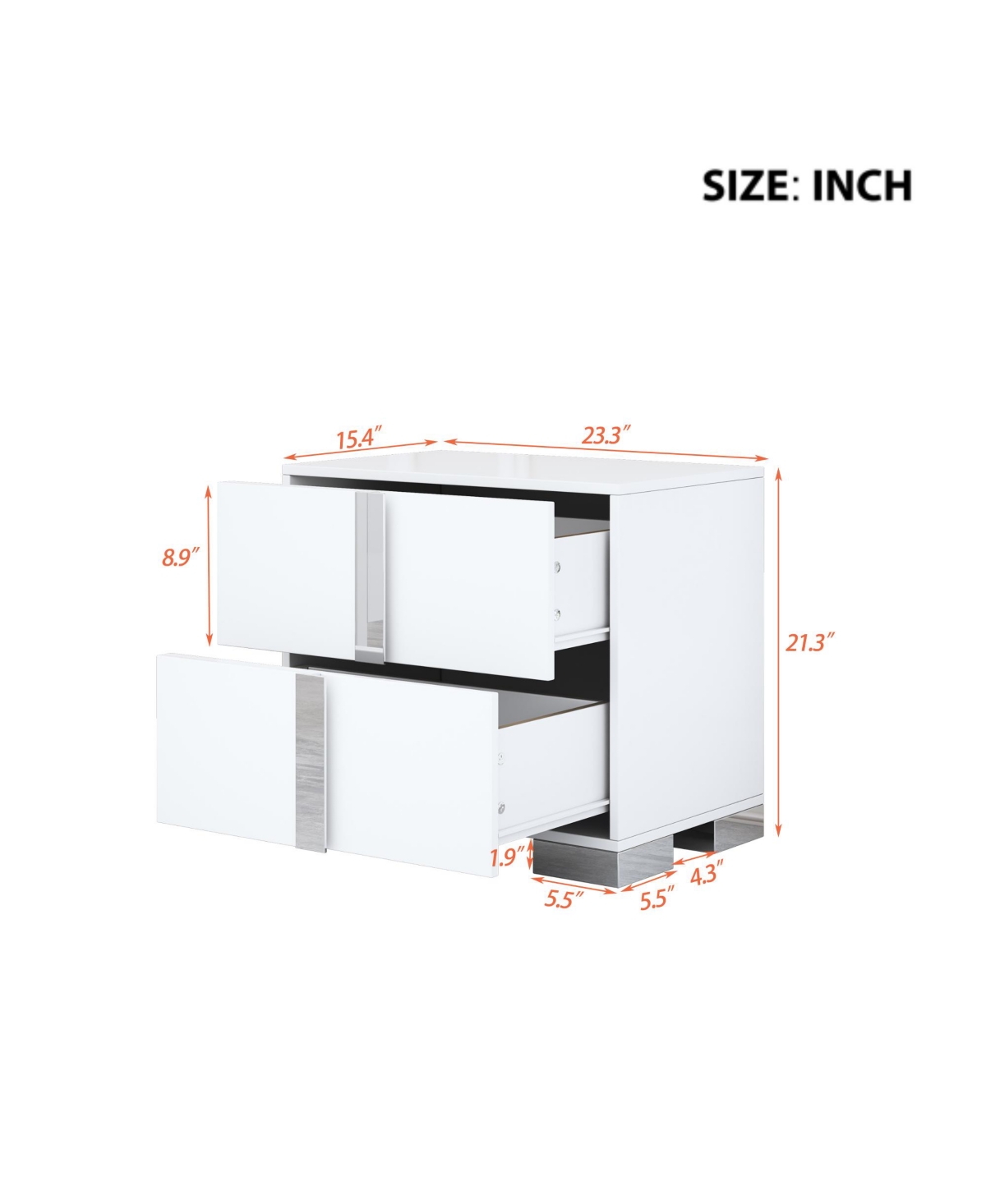 Rainsken Elegant Nightstand with Silver Mirrored Handle and 2 Drawers, Bedside Table, Sofa Side Table, End Table for Living Room
