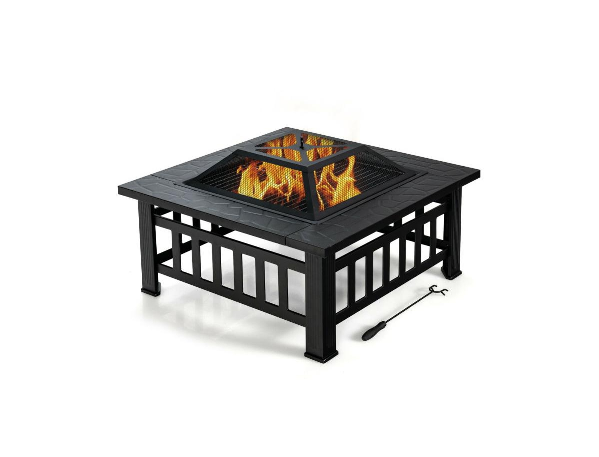 Mondawe 32 Inch 3 in 1 Outdoor Square Fire Pit Table with Bbq Grill and Rain Cover for Camping
