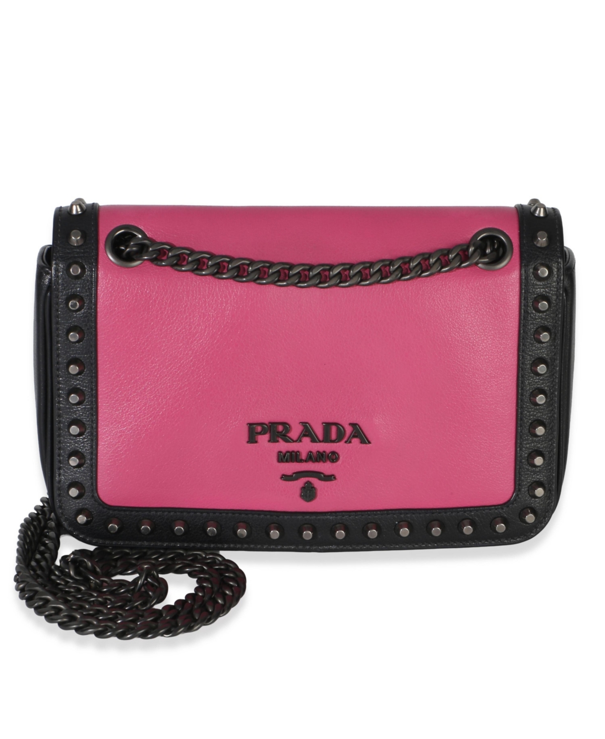 Pre-Owned Prada Black Pink Calfskin Glace Studded Chain Flap - Black | pink