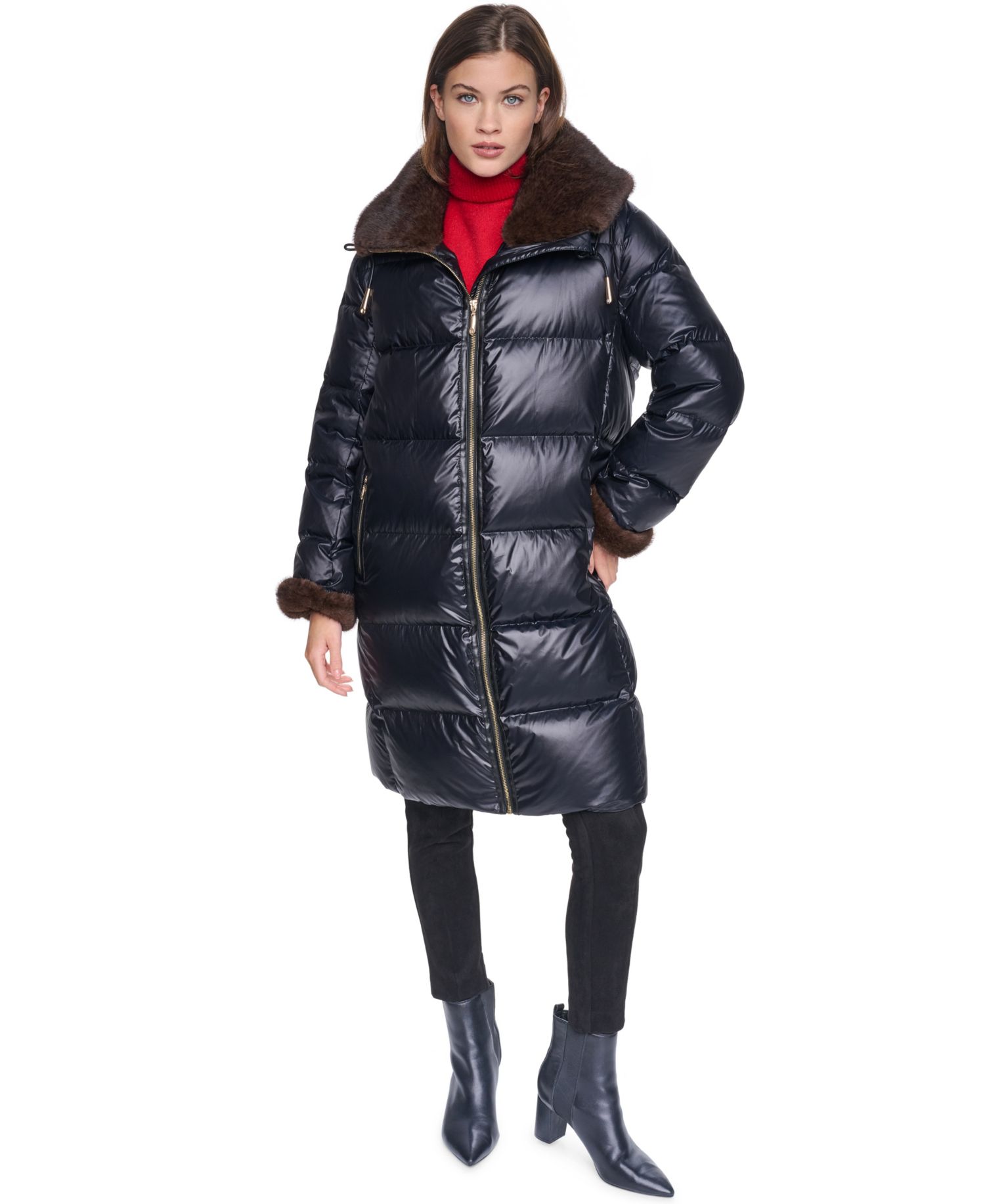 Women's Long Faux Fur Cuff and Collared Puffer