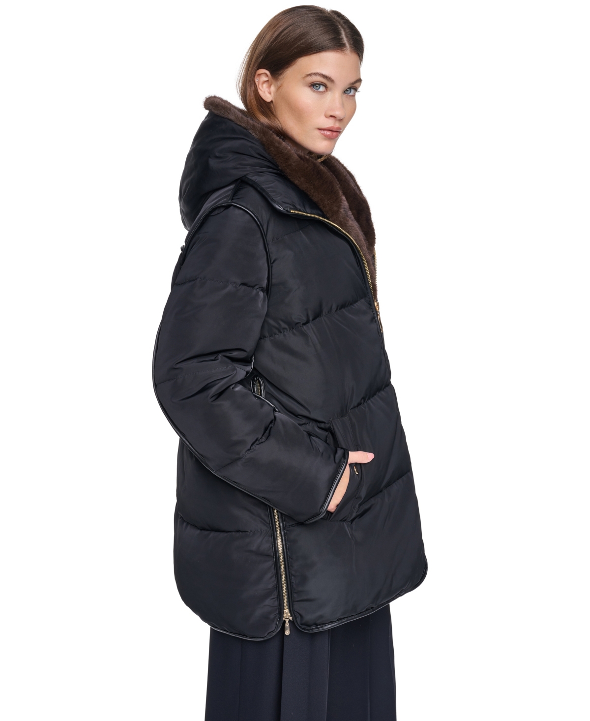 Halston Women's Faux Fur Bibbed Hooded Puffer