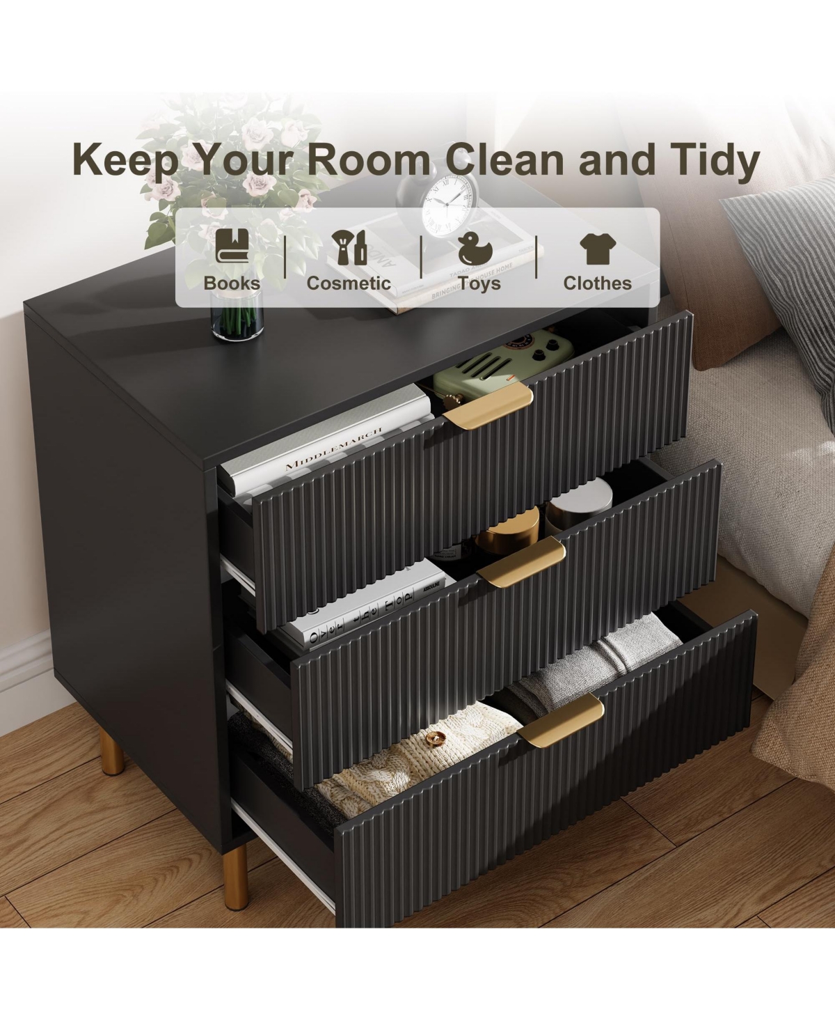 homfan Dresser for Bedroom, 3 Drawer with Handles,Wood Storage Cabinet Organizer Hallway, Entryway, Living Room