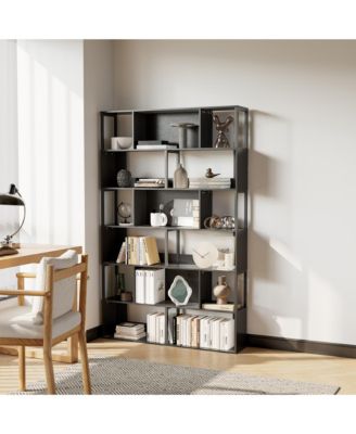 6-Tier Geometric Standing Bookshelf, geometric grid Grid Design, Metal Room Divider Display Shelf for Living Room, Home Office