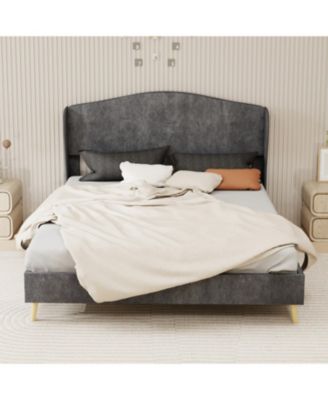Velvet upholstered bed Frame with Headboard, Sturdy and Durable, Wood Slats, Box Spring Required