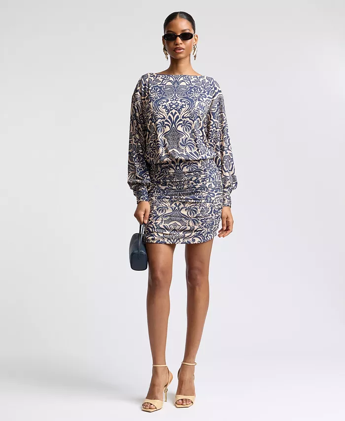 Women's Boat Neck Ruched Printed Mini Dress - thumbnail 2
