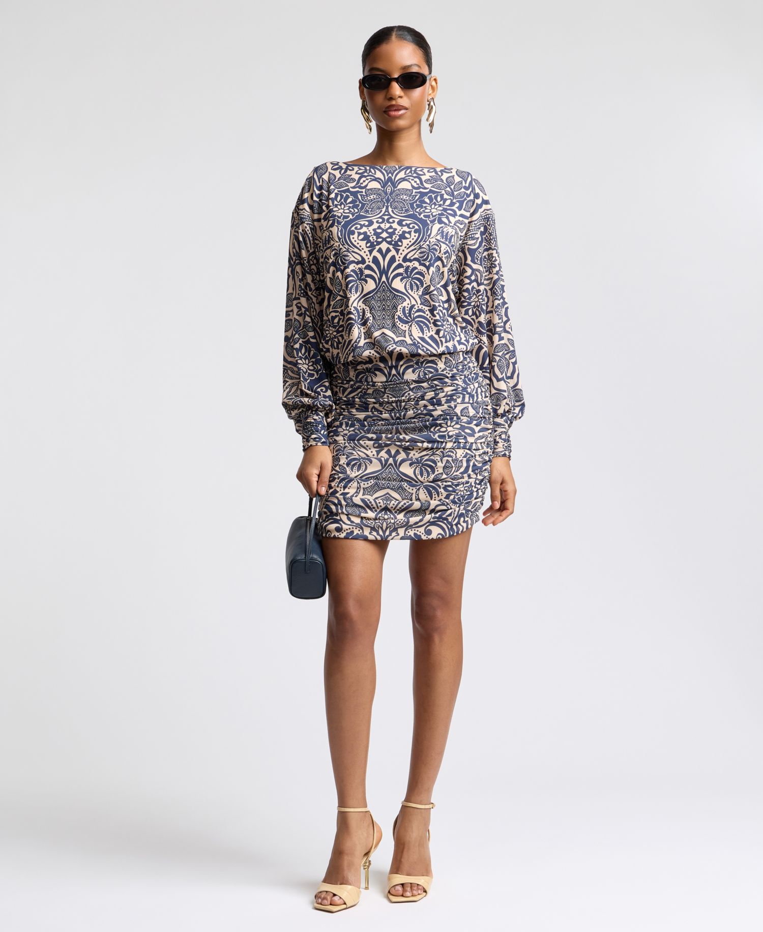 Women's Boat Neck Ruched Printed Mini Dress