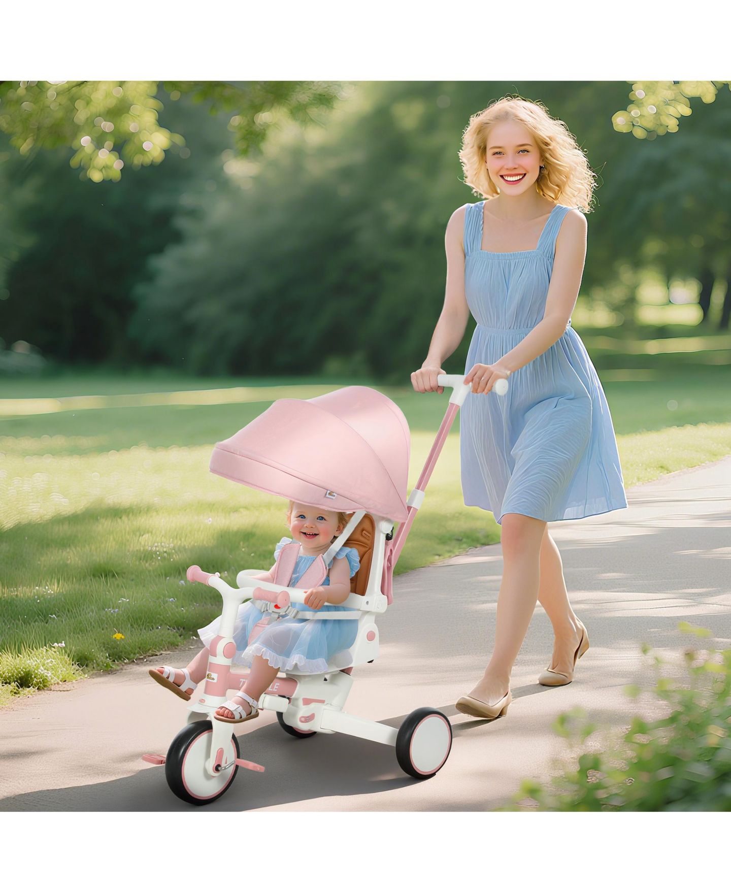 Детская игрушка Qaba 7-In-1 Tricycle Stroller with Adjustable Push Handle, Ages 1-5 Years, цвет: Розовый — фото 2