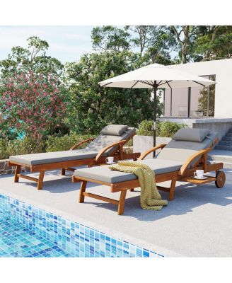 2-Pack Acacia Wood Outdoor Lounge Chairs with Cushions and Side Trays