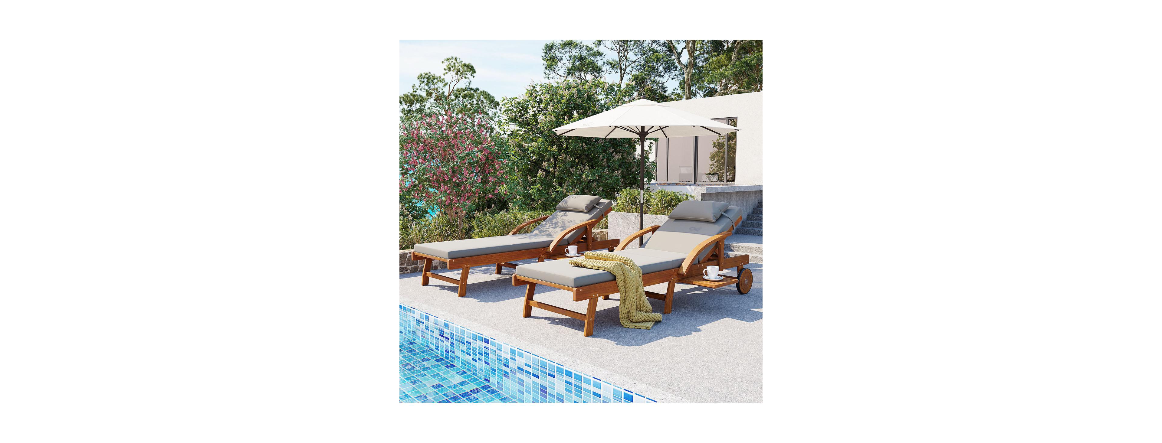 Streamdale Furniture 2-Pack Acacia Wood Outdoor Lounge Chairs with Cushions and Side Trays