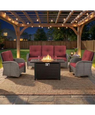 Patio Furniture Set with Fire Pit Table, Wicker Outdoor Sectional Sofa with Swivel Rocker Chairs, All-Weather Rattan Conversation Set