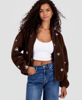 Juniors' Floral Embroidered Zip-Front Fleece Jacket