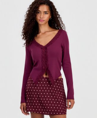 Juniors' Lace-Trim Ribbed Knit Top