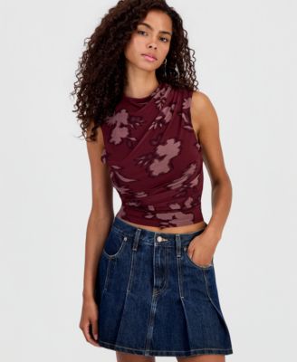 Juniors' Printed Funnel Neck Ruched Sleeveless Top