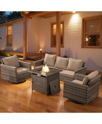 Patio Furniture with Fire Pit 4-Piece Wicker Outdoor Sectional Couch with Swivel Rocking Chairs, Propane Fire Pit Conversation Set
