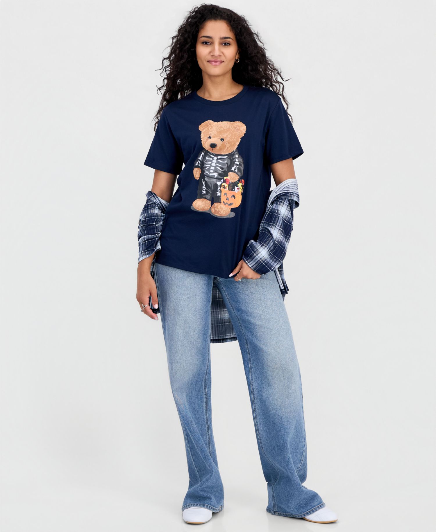 Juniors' Skeleton Bear Graphic-Print T-Shirt