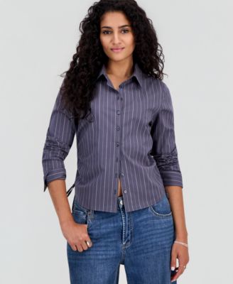 Juniors' Cinched-Hem Striped Shirt