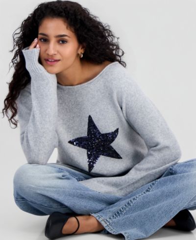Just Polly Juniors' Sequin Star Slouchy Sweater