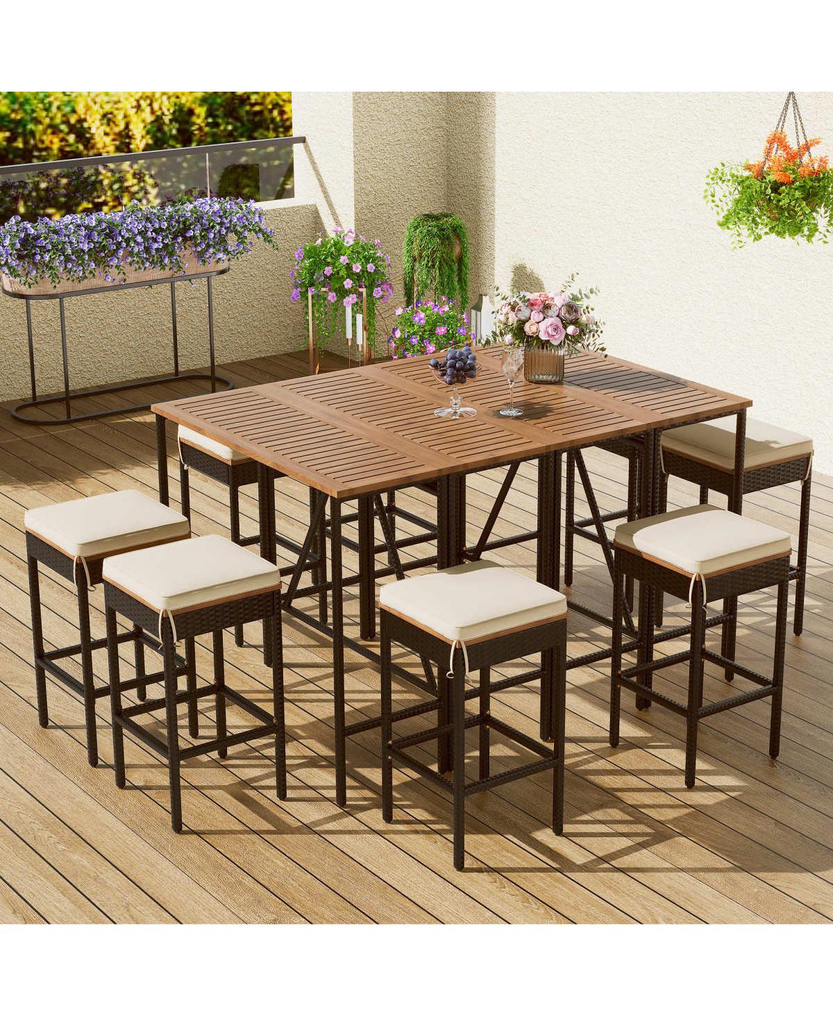 Streamdale Furniture Piece Acacia Wood and Wicker Outdoor Bar Height Dining Set with Cushions