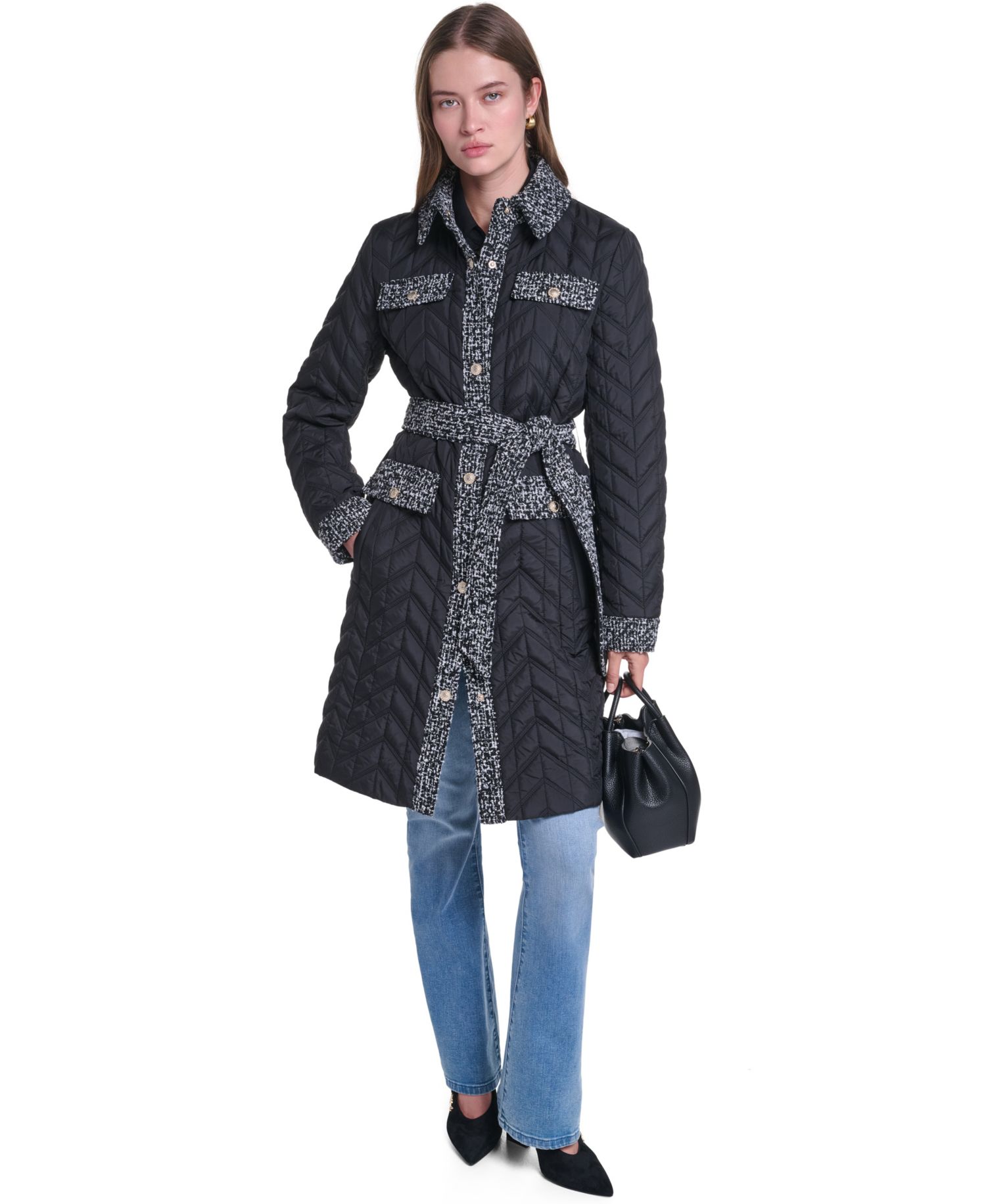 Women's Long Quilted Tweed-Trim Coat