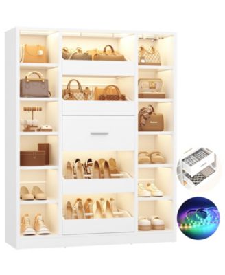 Wooden Shoes Cabinet with Led Lights, Freestanding Closet Organizer with Drawer and Shelves