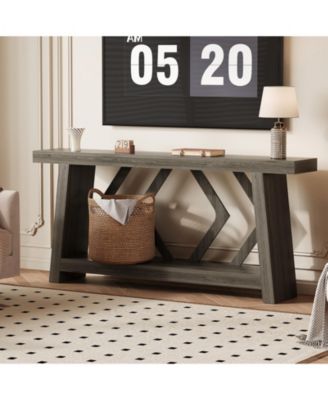 All-Wood Console Table with Trapezoid Legs – 2-Tier Extra Long Sofa Table for Hallway, Living Room, Narrow Foyer