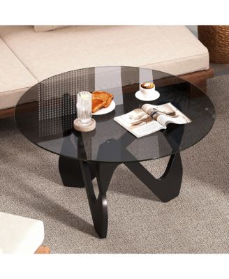Modern Round Glass Coffee Table, Sculptural Cutout Base Design