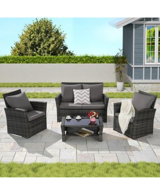 4-Piece Weather Resistant Patio Conversation Set with Wicker Chairs and Glass Table