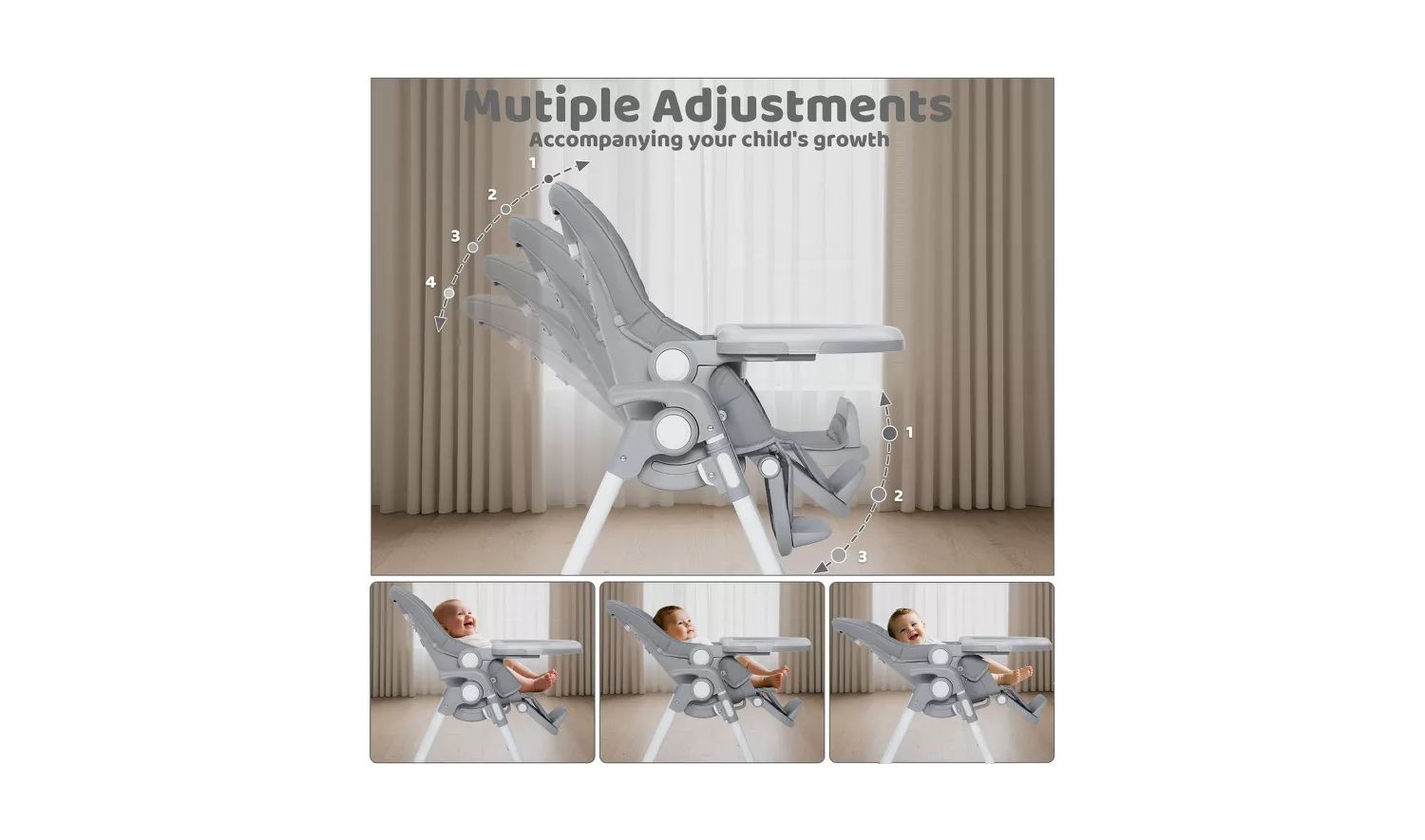 Convertible Baby High Chair with Adjustable Height, Double Tray and Compact Fold