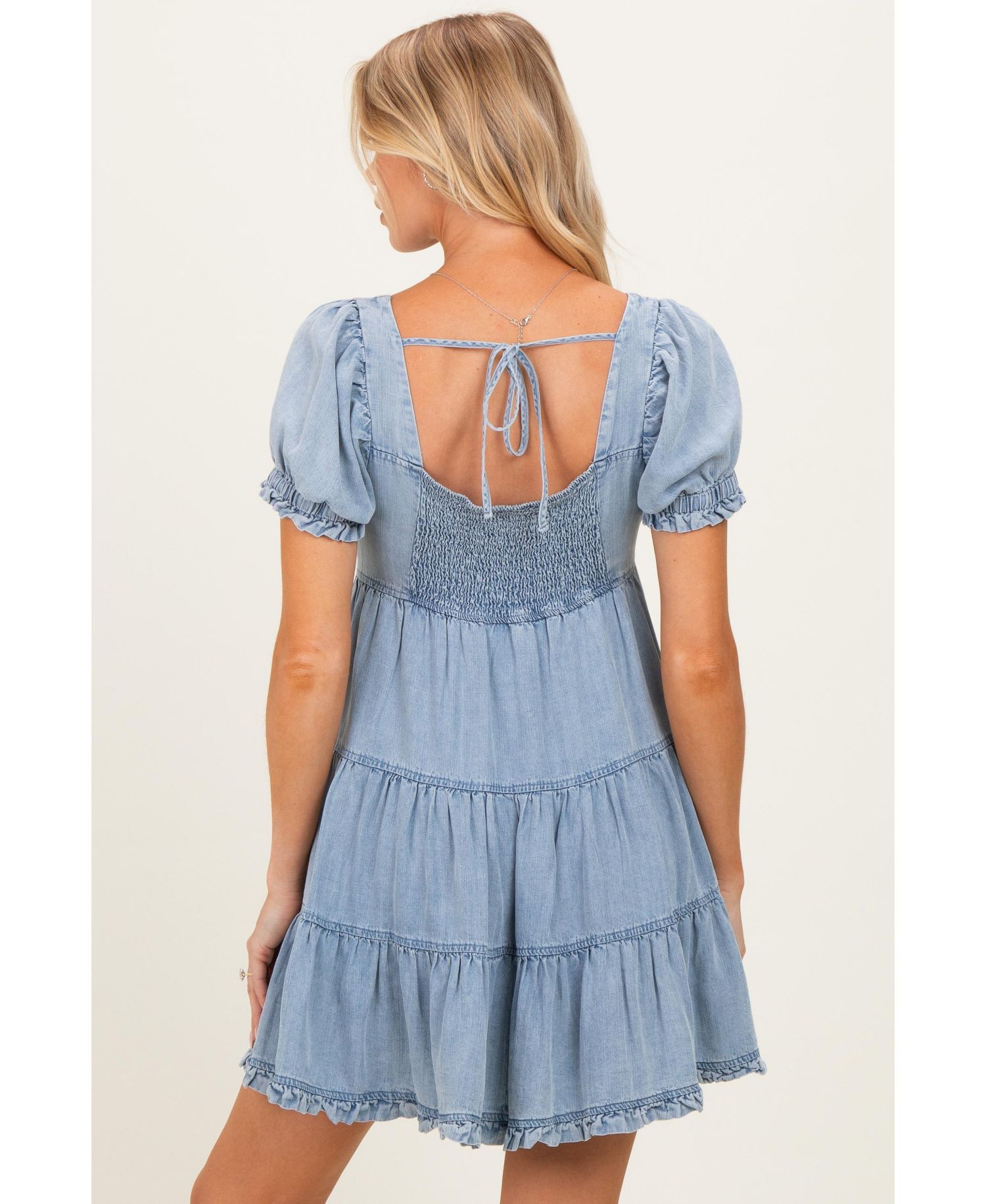 Women's Denim Washed Chambray Tiered Babydoll Mini Dress