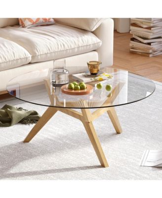 Minimalist Round Coffee Table with Tempered Glass and Geometric Legs