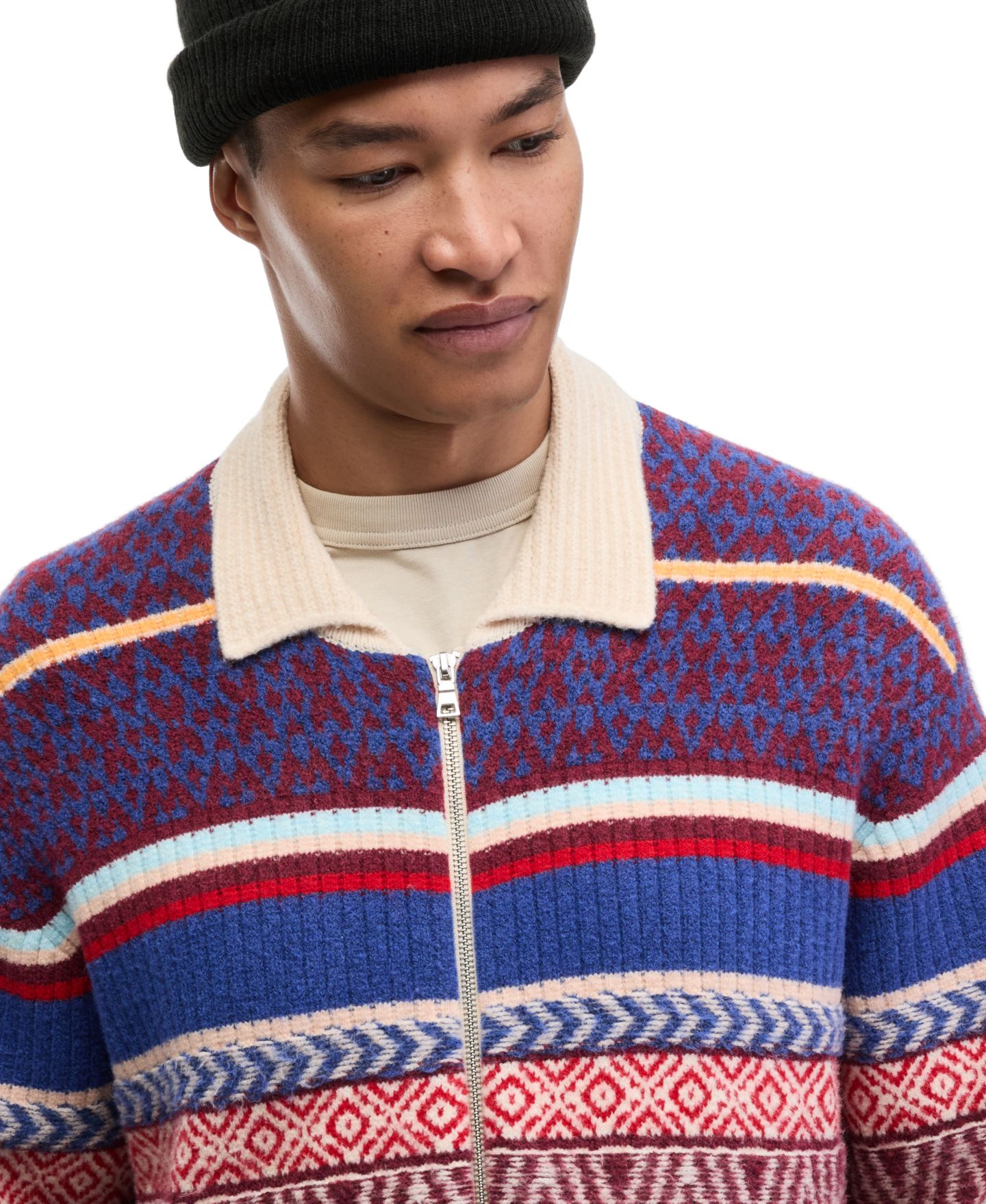 Мужской свитер Mode of One Fair Isle Full-Zip Relaxed-Fit, цвет: Натуральный песочный — фото 3