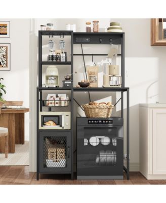 Kitchen Bakers Rack with Refrigerator Storage Space, Industrial Microwave Stand with Power Outlet, Freestanding Kitchen Shelf for Pantry
