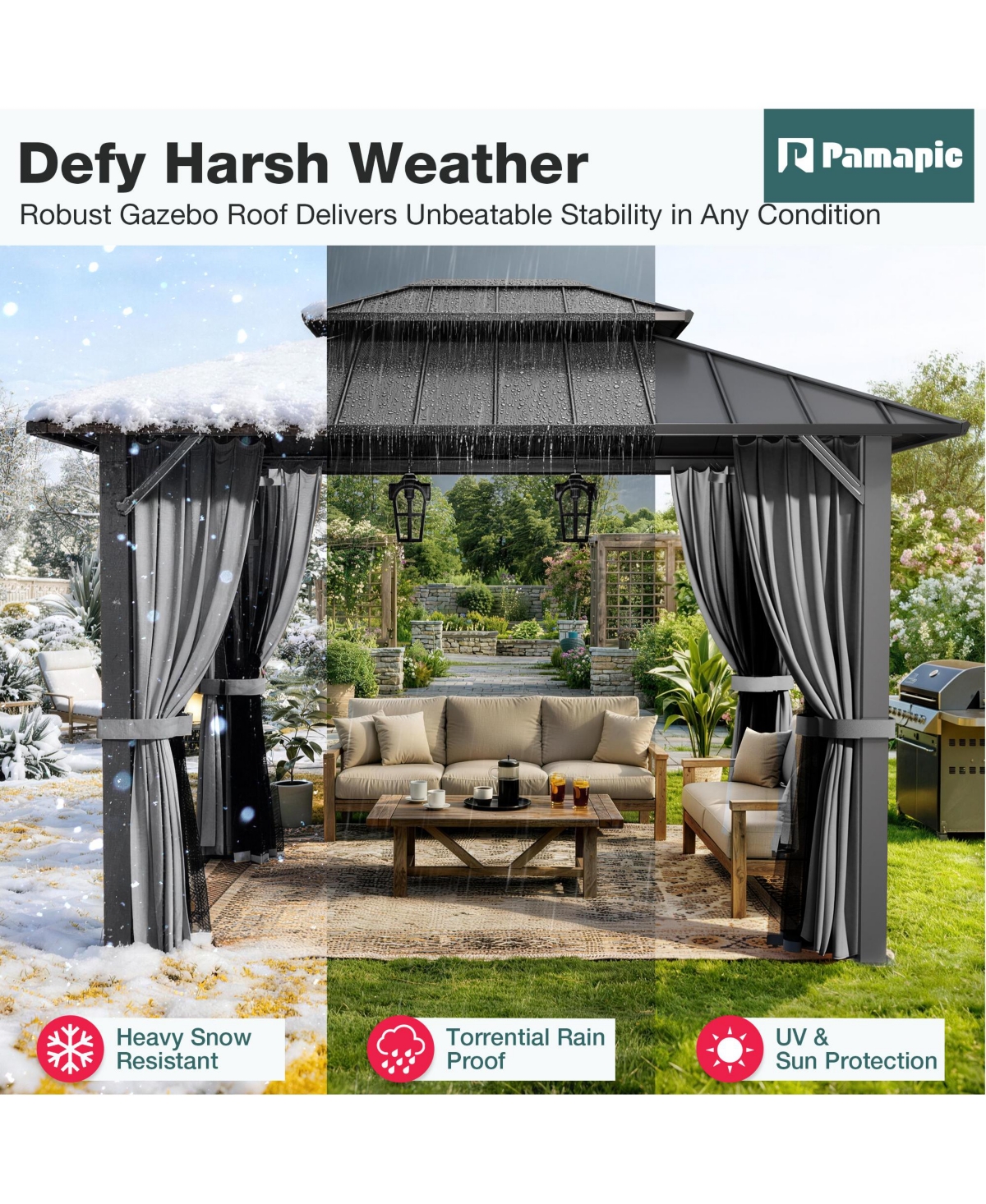 Pamapic Hardtop Gazebo, Galvanized Steel Double Roof Outdoor Pavilion with Breathable Netting and Privacy Curtain, Patio, Backyard
