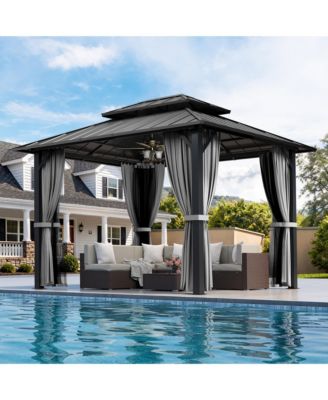 Hardtop Gazebo, Galvanized Steel Double Roof Outdoor Pavilion with Breathable Netting and Privacy Curtain, Patio, Backyard