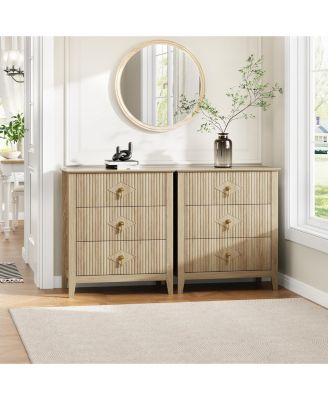 Set of 2 Fluted 3 Drawers Dresser for Bedroom, 27.5" Wide Modern Chest of Drawers with Metal Handle, Wooden Dresser Organizer for Living Room
