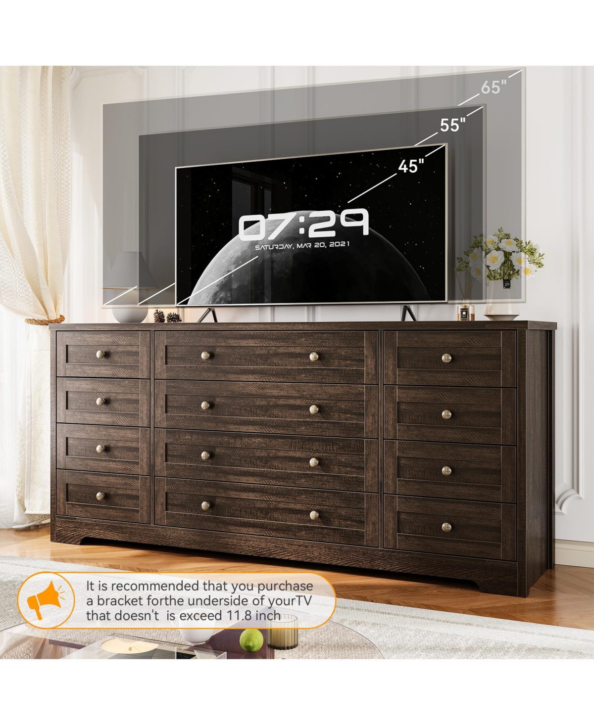 homfan 12-Drawer Wood Dresser, 63" Long Storage Chest with 16" Width for Bedroom Living Room, Supports 65" Tv
