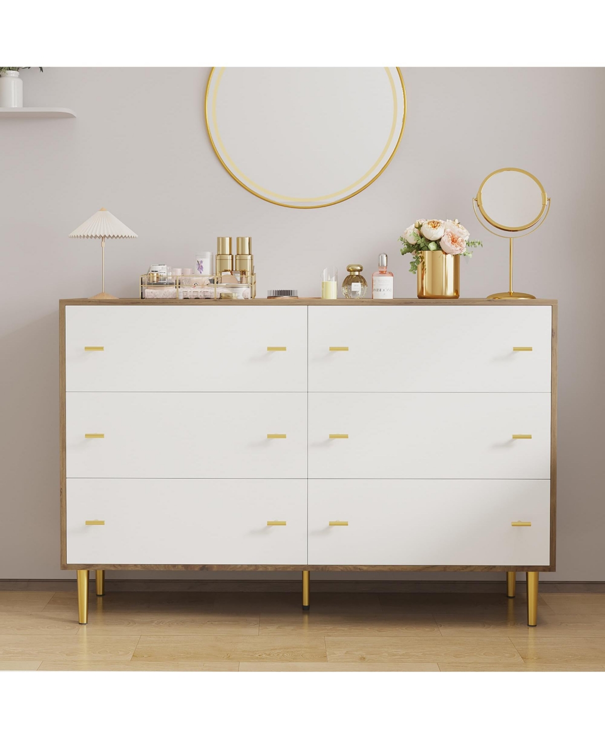 homfan 6-Drawer Farmhouse Dresser, Wide Wood Rustic Chest of Drawers with Bar Handles for Bedroom Living Room Hallway