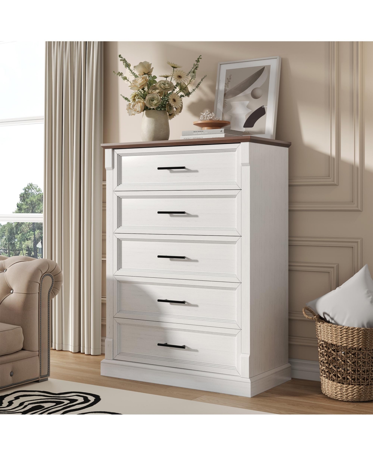 homfan 5-Drawer Farmhouse Tall Chest with Metal Handles, Rustic Dresser for Bedroom Living Room Hallway, Multiple Finishes