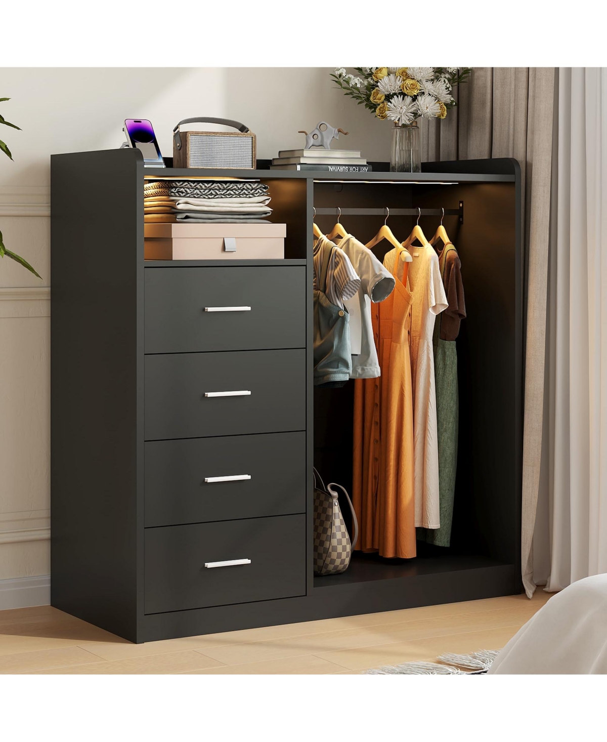 homfan 4-Drawer Dresser with Hanging Rack, Led Lights and Charging Station, Storage Organizer for Bedroom Living Room, Multiple Finishes