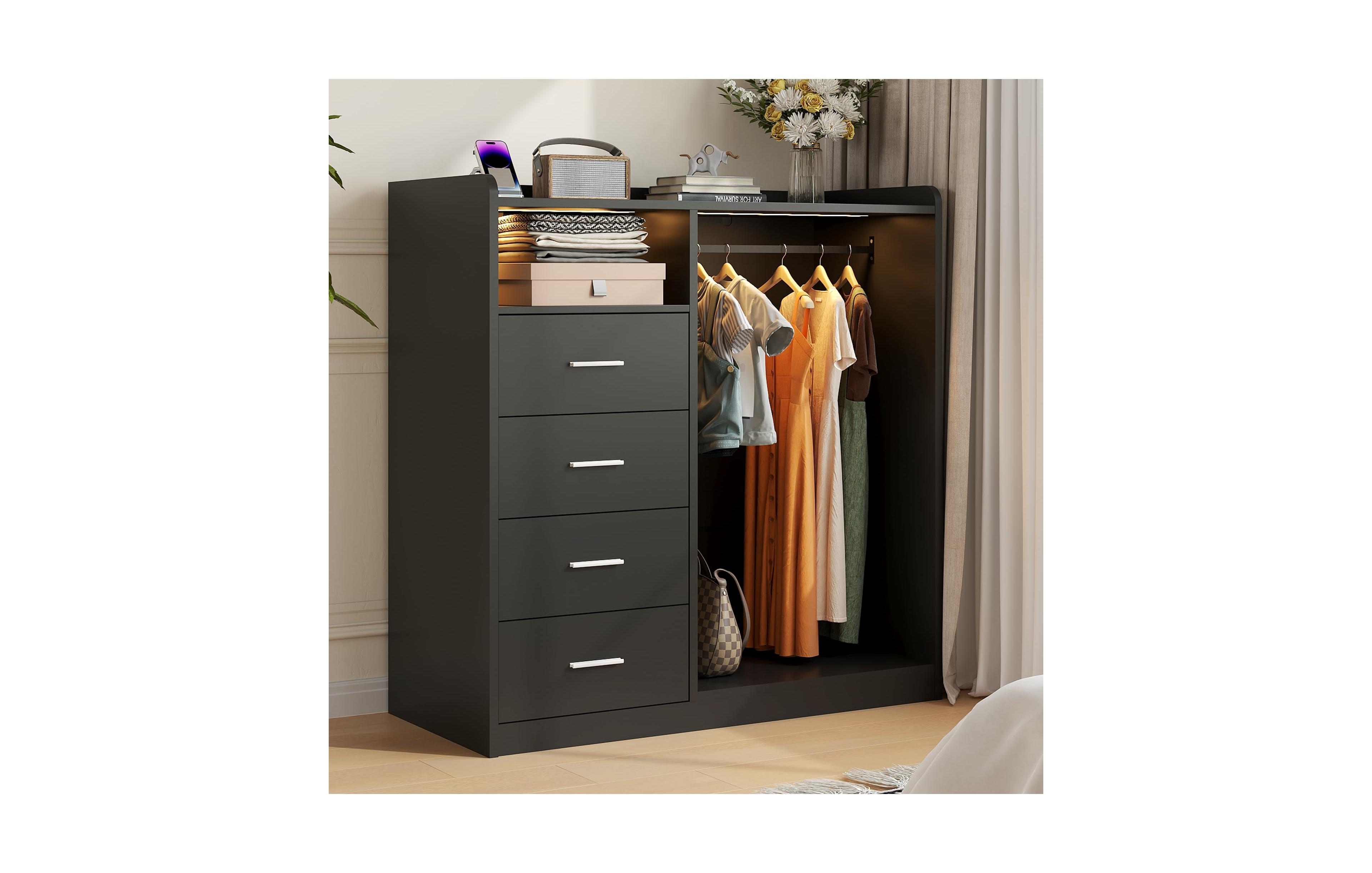 homfan 4-Drawer Dresser with Hanging Rack, Led Lights and Charging Station, Storage Organizer for Bedroom Living Room, Multiple Finishes
