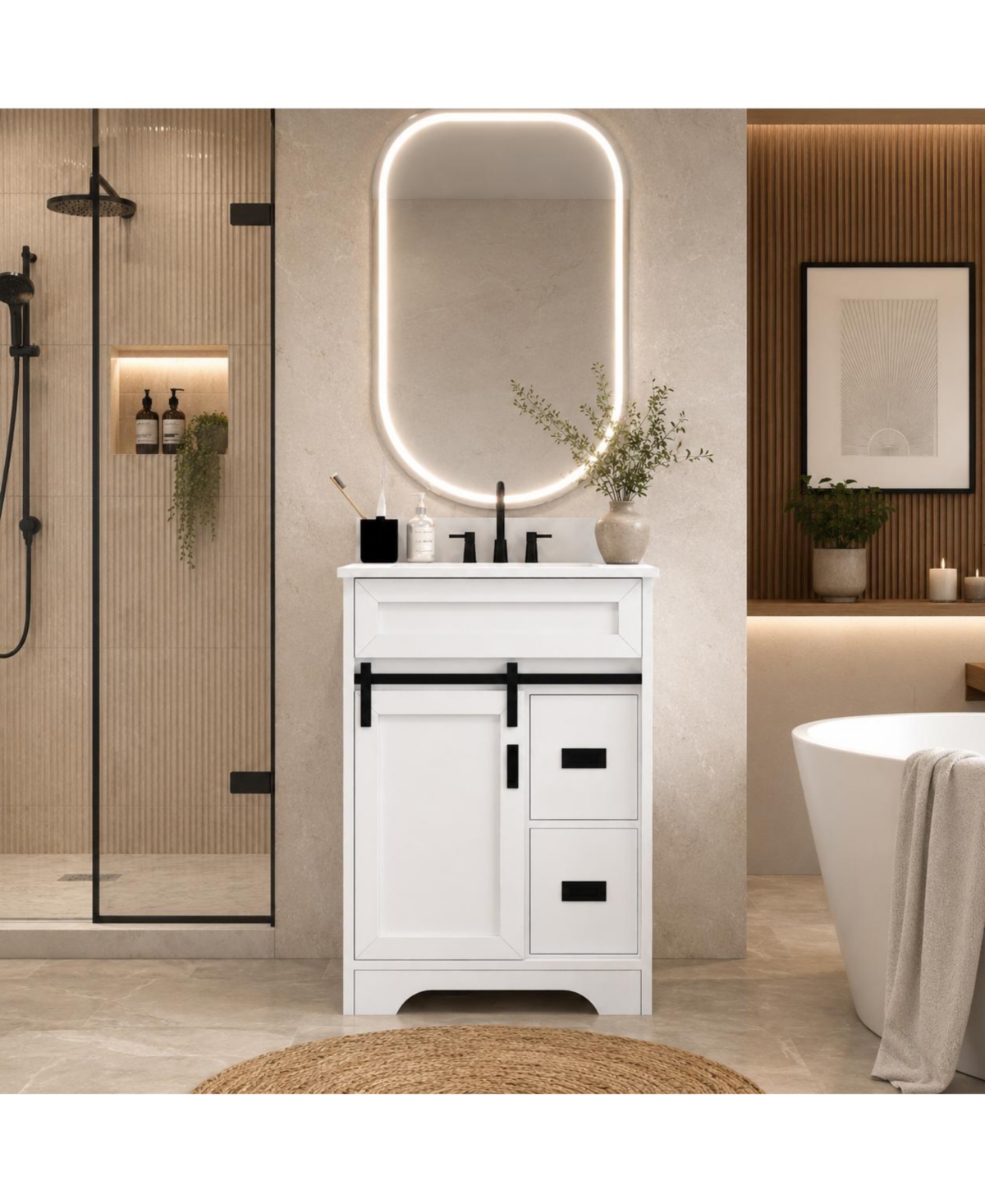 Phying 24 Inch Farmhouse Bathroom Vanity Freestanding Single Undermount Sink Cabinet with Sliding Barn Doors and 2 Drawers