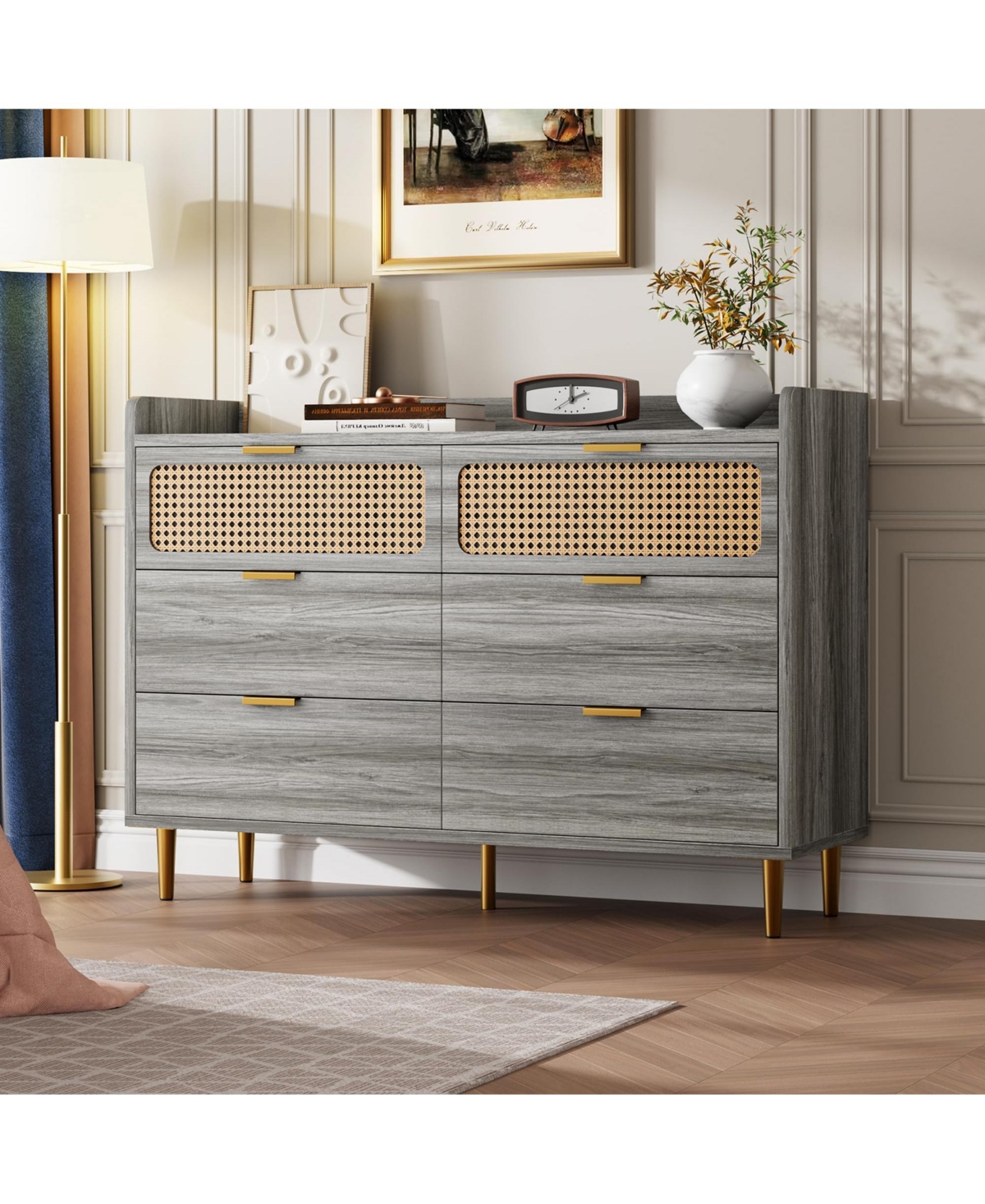 homfan 47" Wide Modern Chest of Drawers, 6 Drawer Double Dresser for Bedroom,Wooden Storage Rattan Dresser for Bedroom Living Room Hallway