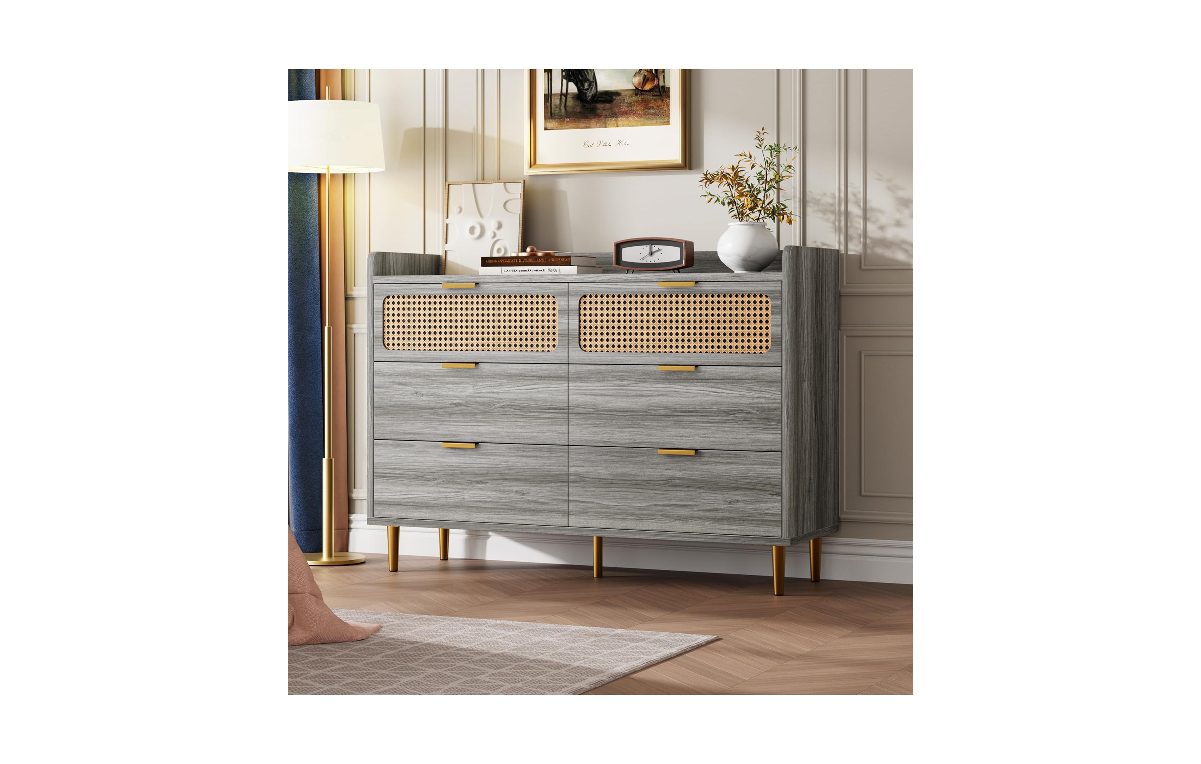 homfan 47" Wide Modern Chest of Drawers, 6 Drawer Double Dresser for Bedroom,Wooden Storage Rattan Dresser for Bedroom Living Room Hallway