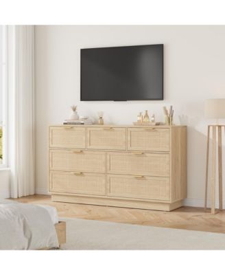 7-Drawer Rattan Dresser with Integrated Legs, 55" Wide Boho Chest for Bedroom Hallway Entryway Closet